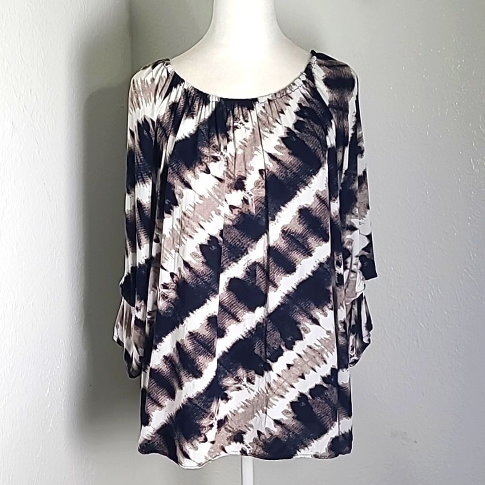 Cato Black, White & Tan Top with Wide Layered Ruffle Sleeves, Size 14/16W